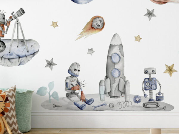 Zestaw naklejek na ścianę roboty i rakieta