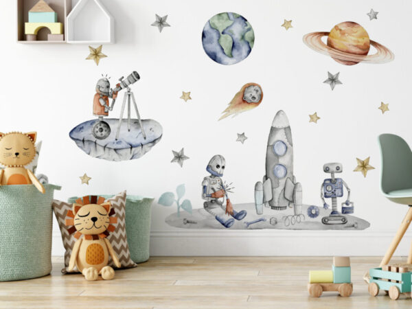 Zestaw naklejek na ścianę roboty i rakieta